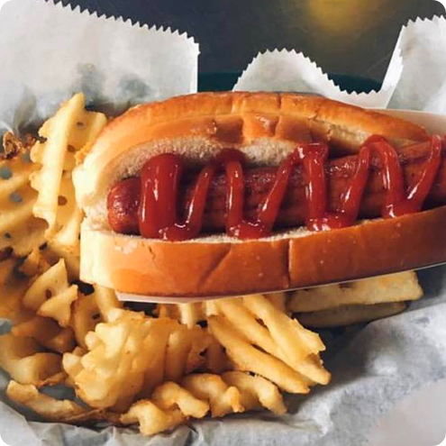 Dune Dog with fries and ketchup